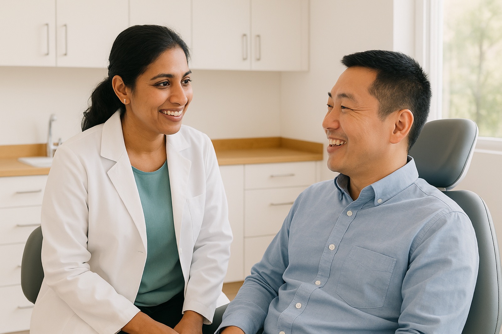 Female dentist warmly consulting with a seated male patient in a bright, modern dental treatment room