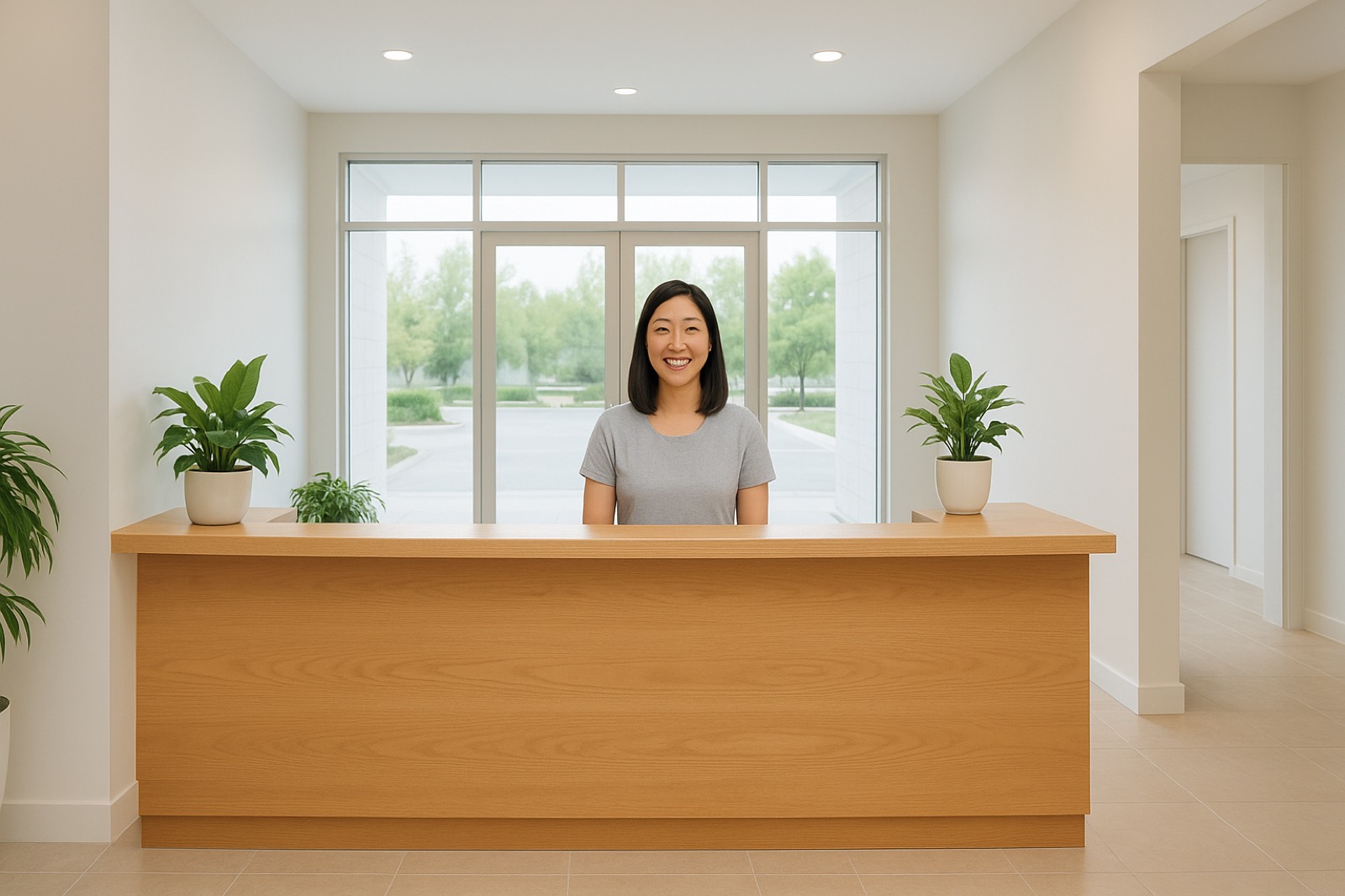 Friendly receptionist smiling at the front desk of a bright, modern dental practice reception area