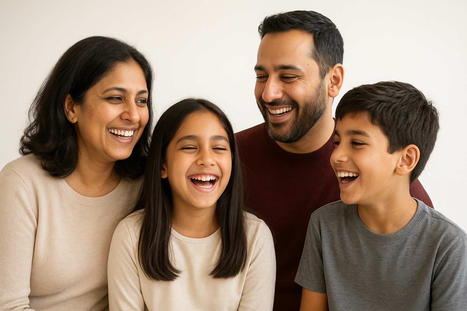 Smiling Latino family relaxing together in a warm, modern dental practice waiting area with natural light