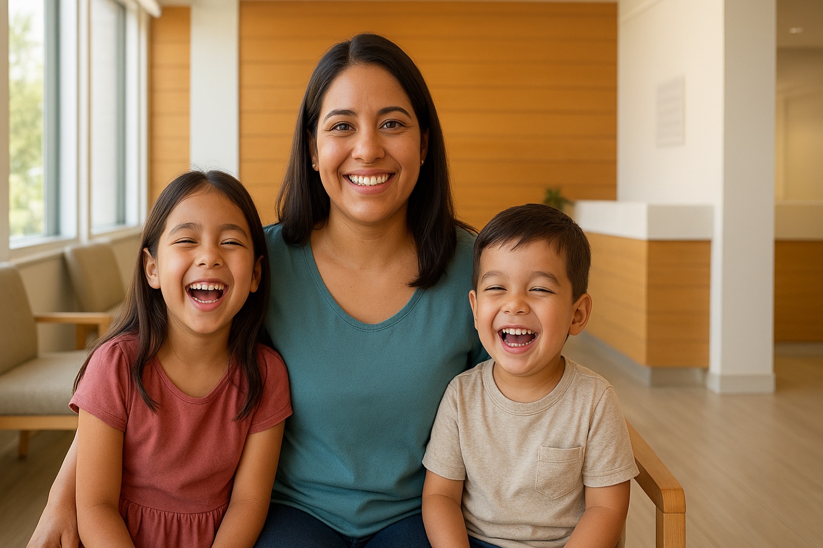 Smiling Latina mother with two young children sitting in a warm, modern dental waiting area with natural light and wood tones