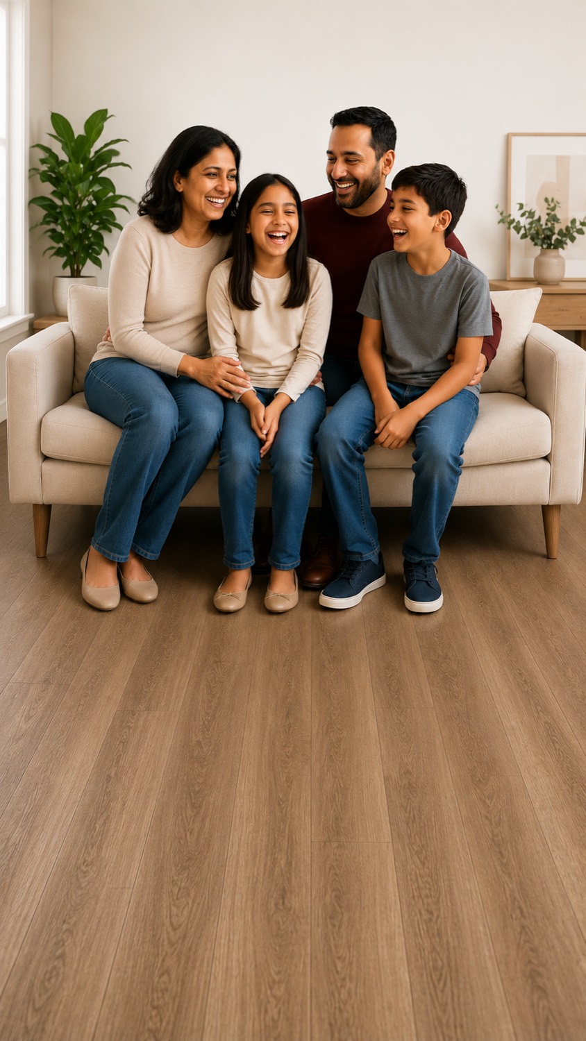 Smiling family of four together in a bright, modern dental office