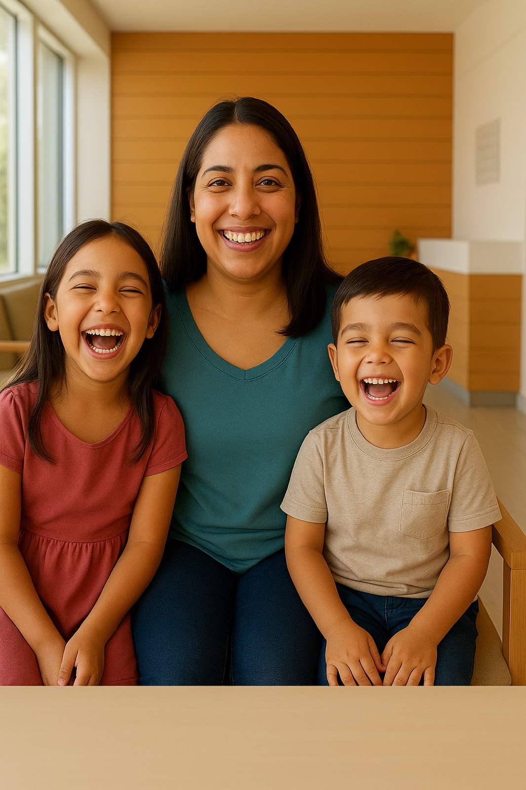Smiling Latina mother with two young children sitting in a warm, modern dental waiting area with natural light and wood tones