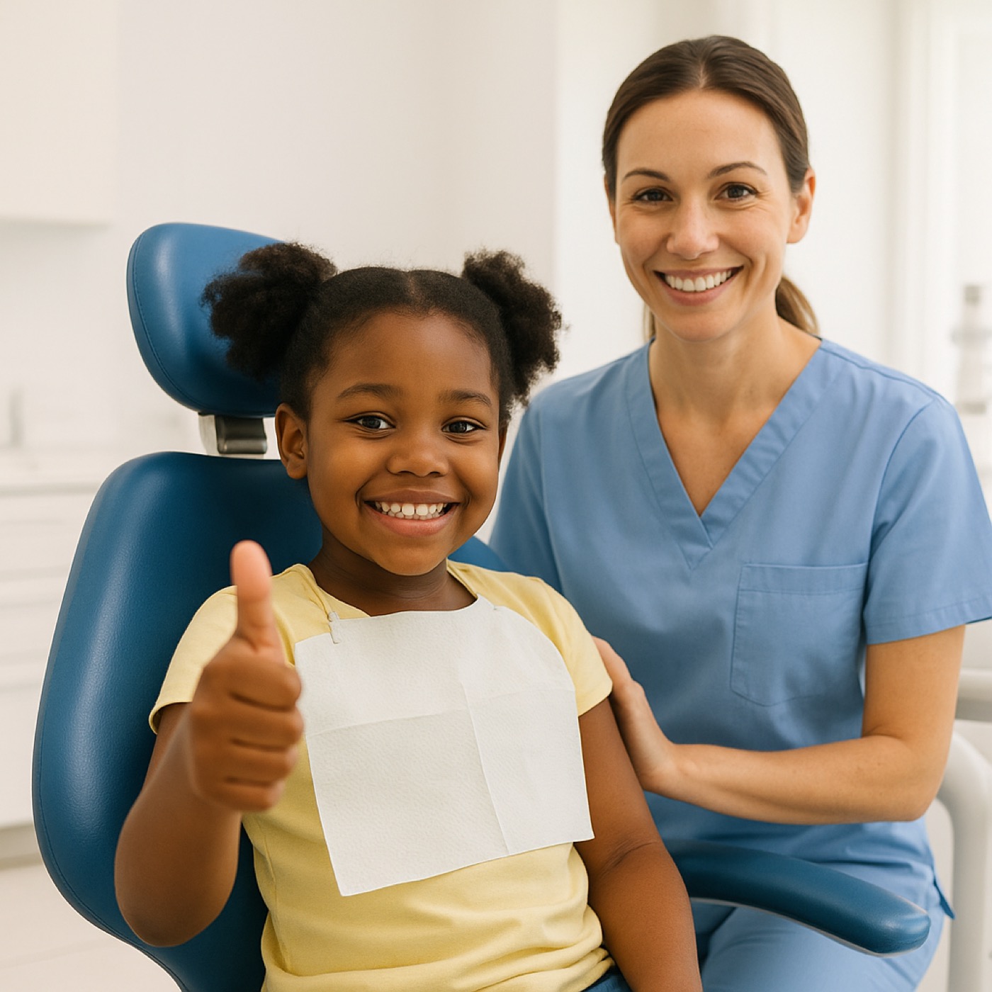 Child smiling comfortably in dental chair at Elmora Dental