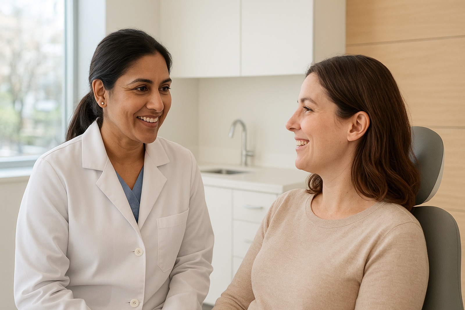 Female dentist smiling and speaking warmly with a young child patient in a bright modern dental treatment room while the child's mother looks on