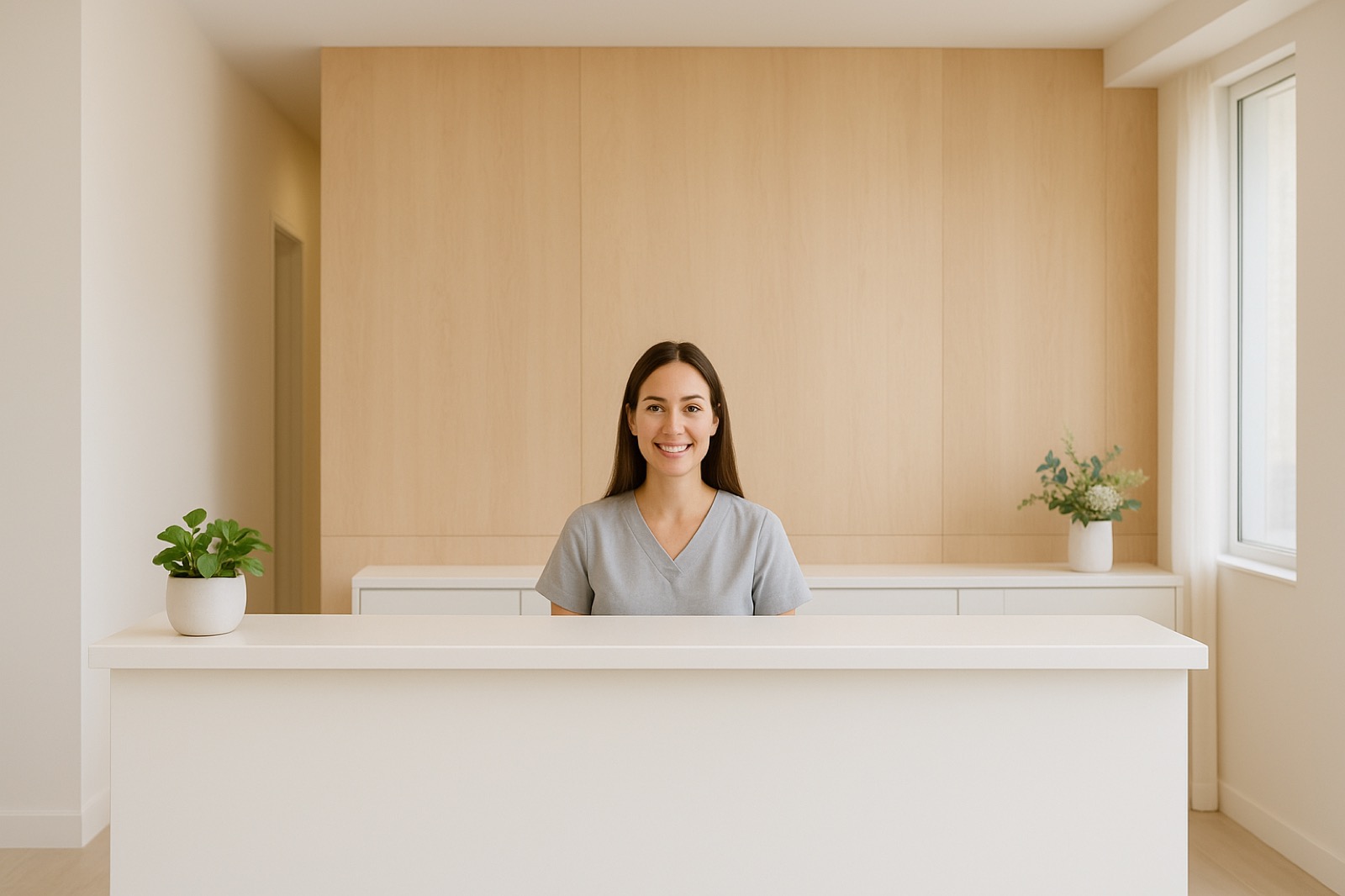 Smiling front-desk team member greeting visitors at a bright, modern dental practice reception counter with warm wood feature wall