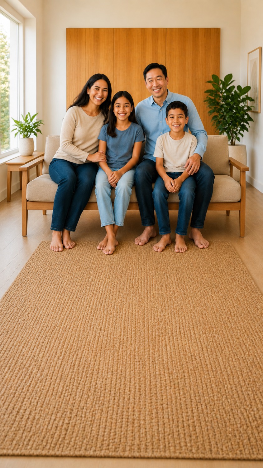 Smiling family of four together in a bright, modern dental office