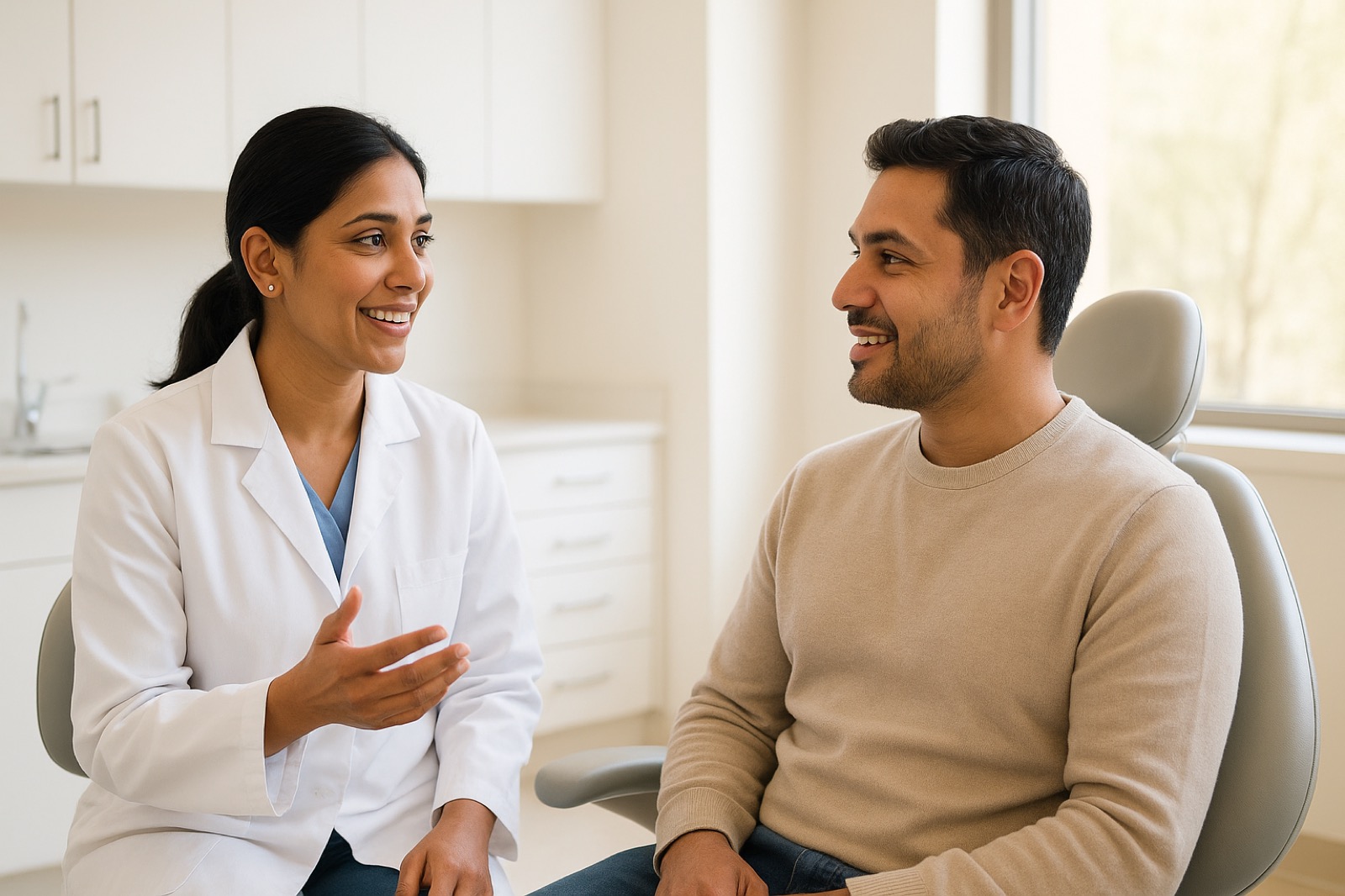 Female dentist speaking warmly with a seated male patient in a bright modern dental treatment room