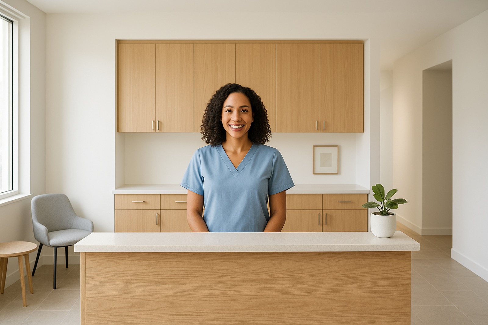 Welcoming dental practice reception desk with a smiling team member in a bright modern waiting area