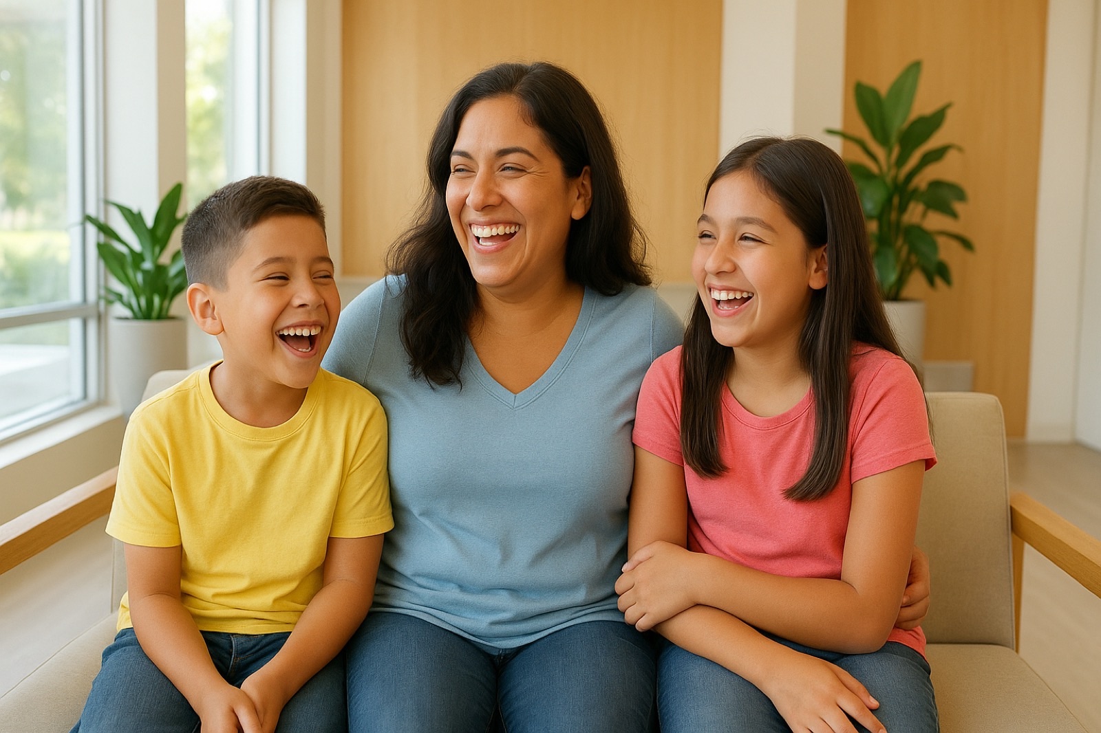 Smiling woman in a burgundy sweater sitting comfortably in a bright modern dental office