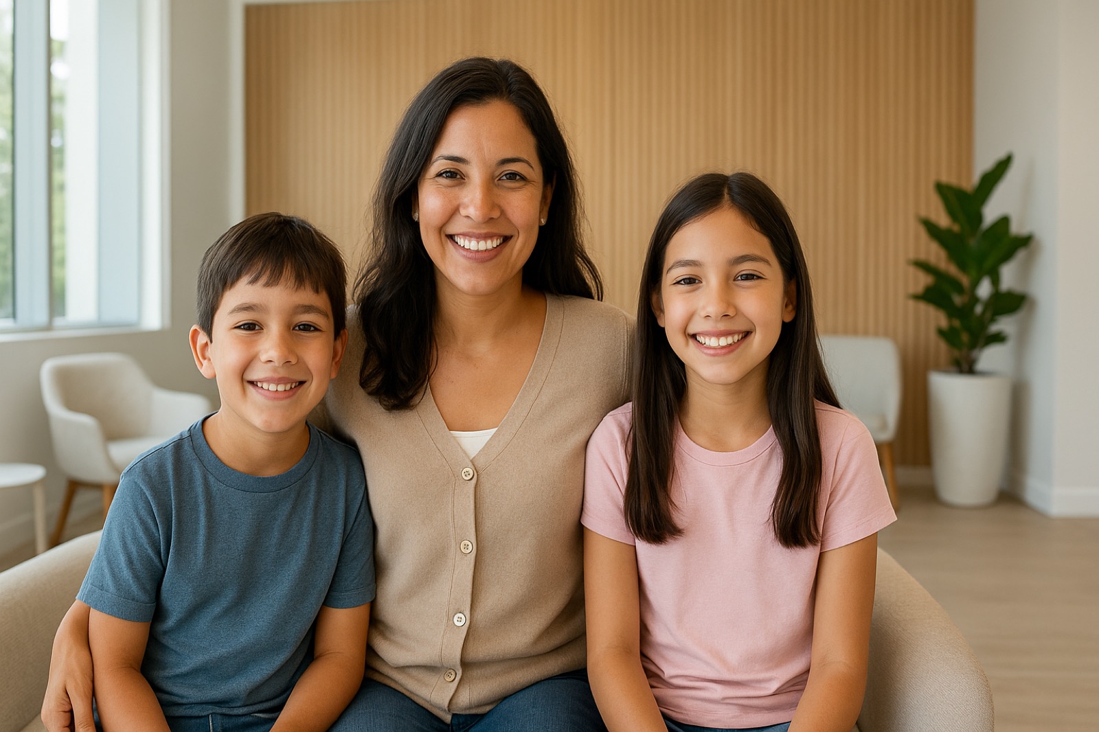 Smiling Latino family relaxing together in a warm, modern dental practice waiting area with natural light
