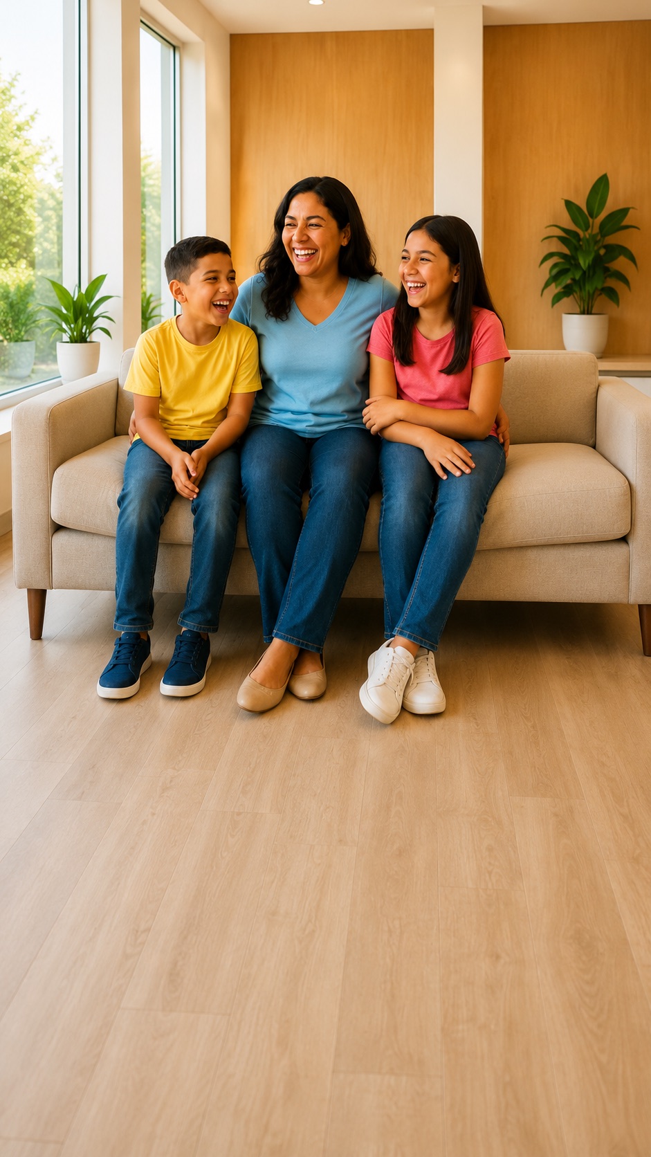 Smiling family of four relaxing together in a bright, modern dental office
