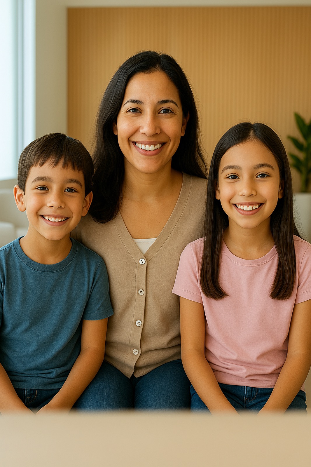 Smiling family of four relaxing together in a bright, modern dental office